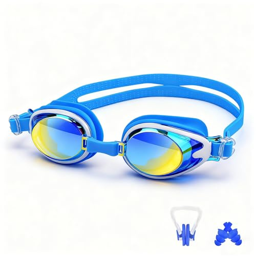OdiuK Occhialini da nuoto per bambini dai 3 ai 14 anni, anti appannamento, protezione UV, occhialini da nuoto super comodi per ragazzi e ragazze (blu + bianco)