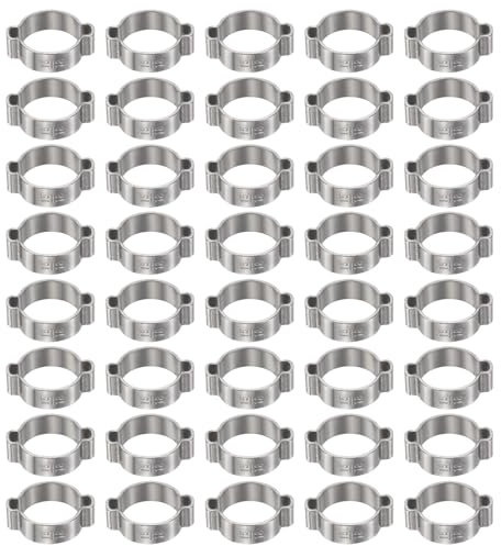 sourcing map 40pcs Double Ear Hose Clamp 15-18 mm 304 Stainless Steel Hose Clamp Double Ear O Clips Crimp Rings for Fuel Line Pipe Tube Fitting Connections, Silver