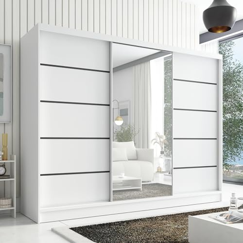 A&J MöbelLand Schwebetürenschrank ARIVA 2 Kleiderschrank 3-türig mit Schubladen und Spiegel Garderobenschrank 200 cm (Weiß)