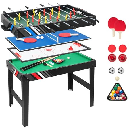 4-in-1 Multifunktionspieltisch – Tischkicker,Billardtisch,Tischtennistisch & Hockeytisch，Raumsparender Familienspieltisch für Kinder & Erwachsene