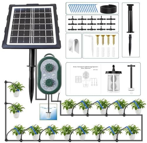 50FT Solar Automatic Drip Irrigation Kit System, Smart Self-Watering System with USB Charging for Outdoor Indoor Use, 2200mAh Automatic Watering System Supports 15 Pots for Garden, Balcony & Patio