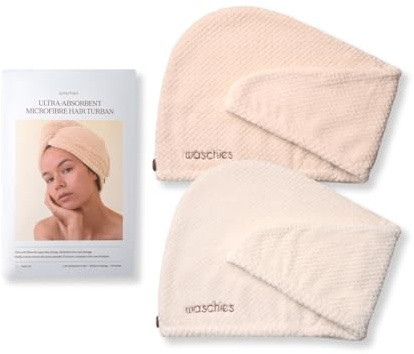 waschies Asciugamano per capelli in microfibra con pratico pulsante di fissaggio, set da 2 pezzi, naturale/sabbia, per un rapido asciugacapelli, delicato, leggero e assorbente, adatto per tutti i tipi