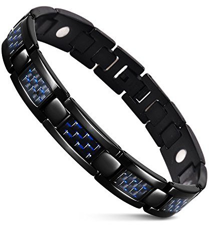 JFUME Bracelet magnétique pour homme Bracelet noir Bijoux avec outil de retrait de lien en fibre de carbone bleu 8,5 réglable