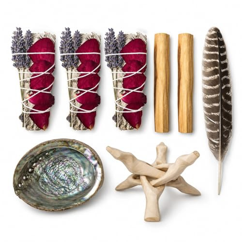 Tomoko Kit de sauge blanche avec 3 sauges blanches avec rose et lavande, 2 palo Santo, coquille d'ormeau, trépied en bois et plume. Guérison, purifiant, méditant, encens et nettoyage
