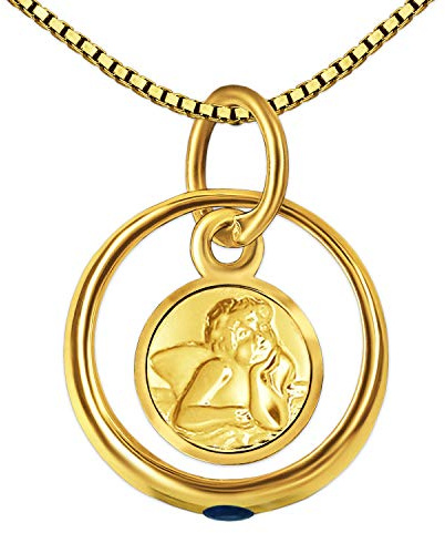 CLEVER SCHMUCK Goldener Jungen Anhänger kleiner Mini Taufring Edelstein Safir mit Einhänger Engel rund seidenmatt Rand diamantiert 333 Gold 8 KARAT und vergoldeter Kette Venezia 36 cm im Schmucketui