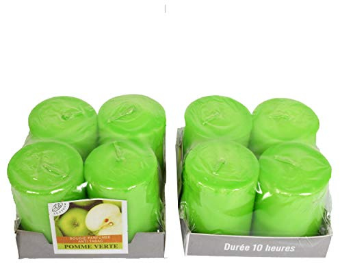 Juego de 8 Velas Votivas Decorativas, Anti-Tabaco, Entregadas en su Caja, Para La Decoración Del Interior De Su Casa Y Crear Un Ambiente. Verde, aroma de manzana 4x6 cm Duración 10h
