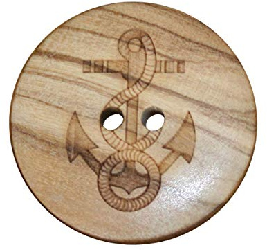 10 Stück Holz Knöpfe mit Anker Motiv 2 Loch aus europäischer Fertigung mit natürlicher Maserung Natur (22mm)