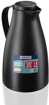 Leifheit Pichet isotherme 1L Harmonic, Pichet thermos café et thé 100% étanche, Thermos café chaud jusqu'à 24h, ouverture fermeture et versement d'une seule main, thermos design sans BPA, noir