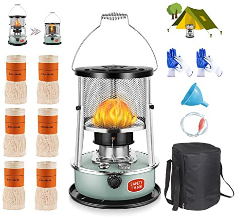 CXLL Efficient Kerosene Heaters, Stainless Steel Indoor Heater Non Electric, Kerosene Stove Camping with Portable Handle, with 6 Wicks 2 Pairs of Gloves, for Boiling Water Heating Cooking, Green