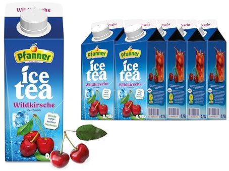 Pfanner Eistee Wildkirsche im Vorratspack – Direkt aufgebrühter Früchtetee mit Kirschsaft und Aroniasaft in nachhaltiger to go Verpackung (8 x 750 ml)