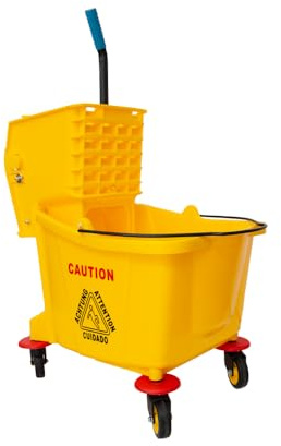 Berry Compact Commercial Mop Bucket with Wet Floor Sign | Kentucky Mop Bucket on Wheels - 32L | Yellow Cleaning Trolley with Removable Wringer and Caster Wheels for Restaurants, Schools, Offices