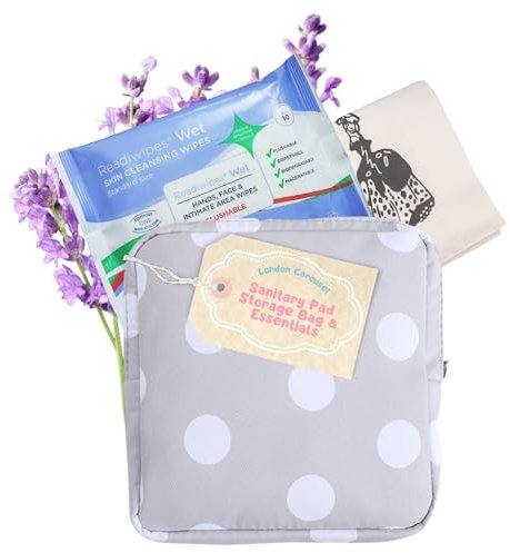 Sanitary Pad Storage Bag - Emergency Kit Bag for Girls with Flushable Feminine Wipes for Intimate Hygiene and x 5 Paper Sanitary Disposal Bags