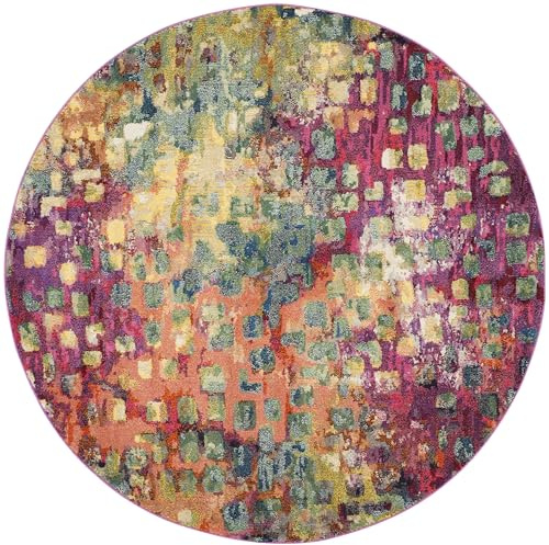 SAFAVIEH Boho Teppich für Wohnzimmer, Esszimmer, Schlafzimmer - Monaco Collection, Kurzer Flor, Pink und Multi, 122 X 122 cm