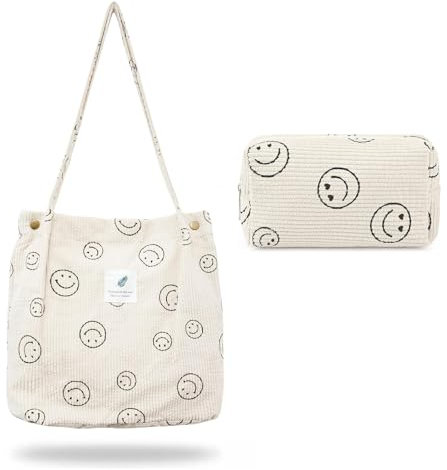 LoNinLoAn Smiley Tote Bag 2 Stück, Groß Umhängetasche, Damen Kosmetiktasche, Damen Cord Schultertasche, Smiley Gesicht Waschbeutel Cord Tasche Crossbody Reise Tragbare Kosmetiktasche