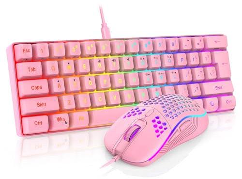 RedThunder Tastiera da gioco e mouse combo al 60%, mini tastiera ultra compatta a 61 tasti RGB retroilluminata, mouse ottico a nido d'ape leggero da 7200 DPI, set da gioco con cavo RGB per PC, Mac,