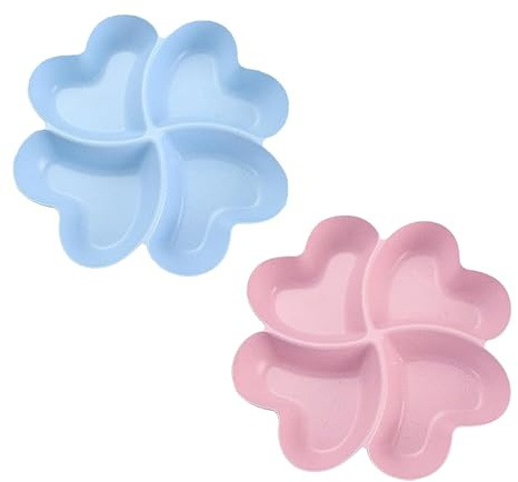 STOUCLA Snack Plates with 4 Compartments, Heart-Shaped Snack Bowl, Party Fruit Plate, Fruit Plate, Snack, for Sweets, Desserts, Fruit, Nuts, Pink and Light Blue, Pack of 2