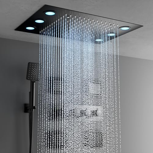OihPaw Unterputz Duschsystem,Duscharmatur Komplettset mit Thermostat,Regendusche schwarz,LED-Ambientebeleuchtung,360 x 500 mm Kopfbrause,Multifunktionale Handbrause und 4-Zoll-Körpermassagedüsen