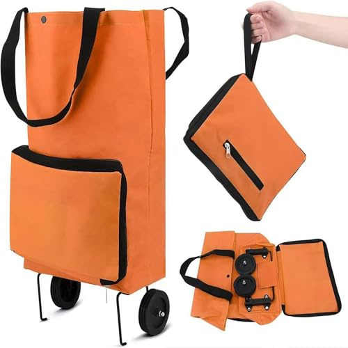 Folding shopping cart, supermarket trolley with two lightweight folding wheels, Oxford cloth bag reusable folding bag large capacity ultra-light handbag travel camping home essential artifact (Orange)
