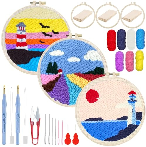 Woohome Punch Needle Kit, Stanznadel Stickerei Starter Kit, Sticktuch mit Muster, Stickrahmen Fäden, Anleitung für Kunsthandwerk (Leuchttürme und Blumenfelder)