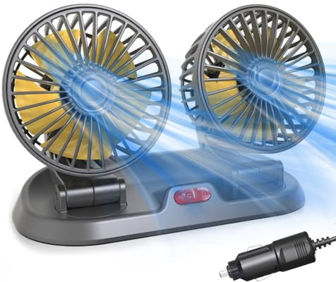 Lotvic Auto Ventilator, 12V Doppelkopf Ventilator Auto 360 Grad Drehbar mit 2 Geschwindigkeiten, Kfz Lüfter Auto für 12Volt Autos, LKWs, SUV