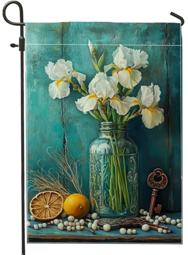 Spring Summer White Iris Garden Flag, Elegant Floral Home Decor Garden Banner, Double Sided Burlap Yard Flag Outdoor Lawn Decoration 12x18 Inch