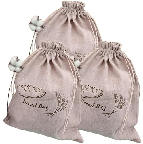 Neroyaner Lot de 3 sacs à pain en lin de 40 x 30 cm avec doublure en plastique pour conserver la fraîcheur du pain.