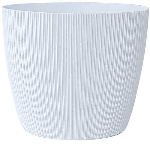 KONZEPT Blumentopf groß, weiß, gerillte Struktur 26cm, Übertöpfe für Zimmerpflanzen aus Kunststoff ideal für Wohnzimmer, Küche und Balkon