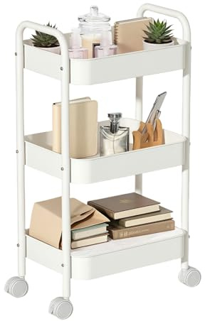 Lunayuomi® Metal 3-Tier Storage Trolley Cart on Wheels with Handle, Rolling Utility Cart for Livingroom, Bathroom, Kitchen(White)