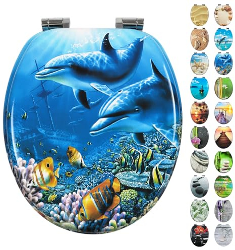 Fanmitrk WC Sitz mit Absenkautomatik, Hochwertiger Toilettendeckel Stabil und Wackelt Nicht, MDF Holzkern Klodeckel, Einfache Montage Toilettensitz, viele Schöne Motive (meerestier)