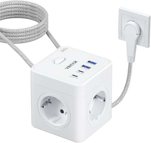 VINTAR 8 in 1 Steckdosenwürfel, 4 Fach Flachstecker | 2 Typ-C 2 USB A, 3680W, 2M geflochtenes Kabel, Steckdosenleiste, Mehrfachsteckdose für Wand, Büro, Zuhause