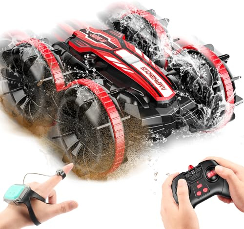 HappyGoLucky Voiture Télécommandée Amphibie, Double Télécommande (Main + Geste) - 4x4 - Faites des 360° - Étanche - Bleu ou Rouge - Jouet Enfant/Cadeau Dès 3 Ans
