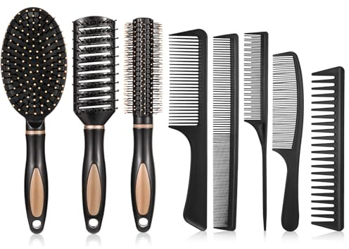Halinuia 8 Articoli Set Spazzole Capelli, con Spazzola per Ricci, Set di Spazzole Rotonde, Pettine per Parrucchieri, Adatto sia per Uso Domestico che in Viaggio, Adatto a Tutti I Tipi di Capelli