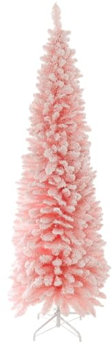 Mr Crimbo 6ft Slim Pink Snowy Artificial Christmas Tree – Flocked Sakura Pink Festive Tree with 460 PVC Tips & White Metal Stand – Stylish Space-Saving Xmas Tree for Modern or Glam Decor