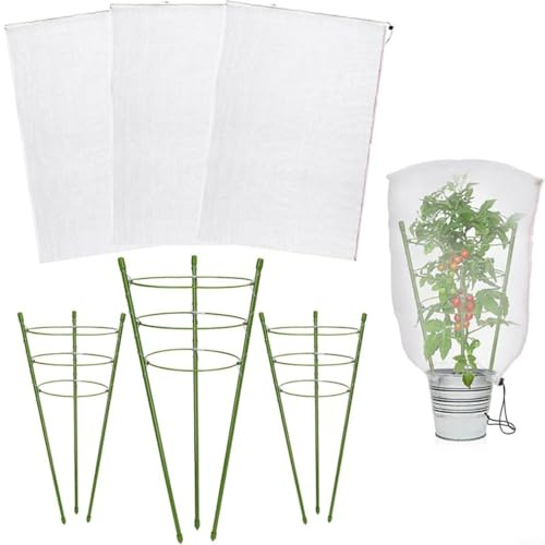 HEIBTENY 3 Set Pflanzenstützkäfig mit Tomatenkäfigen, für Gartennetze, mit festem Seil für Kletterpflanzen und Blumen