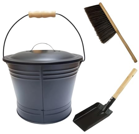 Ascheeimer aus Metall mit Deckel – robustes Ascheeimer-Set mit Schaufel und Besen, sicher für heiße Asche, für Kamin, Holzofen, Lagerfeuer, Terrasse, Garten, Party und Innen- und Außenreinigung