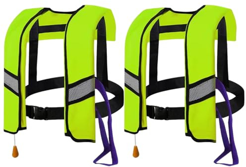 Lot de 2 Gilets de Sauvetage gonflables automatiques 150 N avec Bandes réfléchissantes et sifflet supplémentaire, Gilet Bain Portable pour Adultes (Taille Unique), Vert Clair