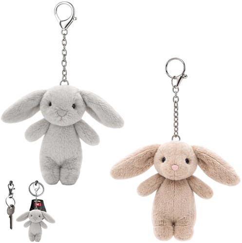 Qnvyw 2 Stück Schlüsselanhänger Hase Plüsch (Braun & Hellgrau) – Flauschiger Taschenanhänger Plüsch & Kaninchen Anhänger – Süßer Taschenanhänger Damen & Kinder für Rucksack und Autoschlüssel (10cm)