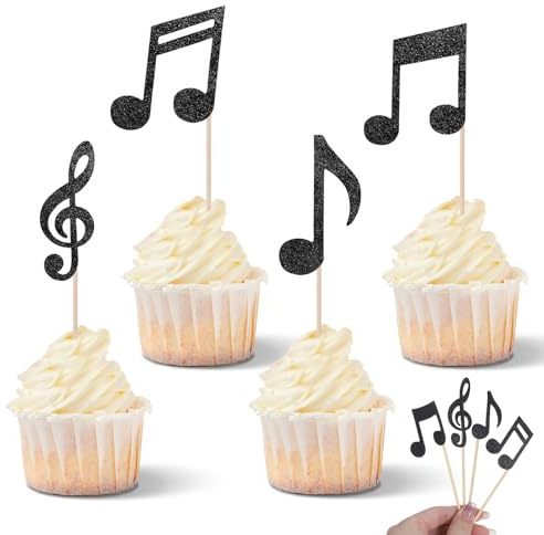 24PCS Music Notes Cupcake Toppers, Music Themed Party Decorations, Black Glitter Musical Cupcake Picks for Concerts, Birthday Party Cake Decorations Supplies