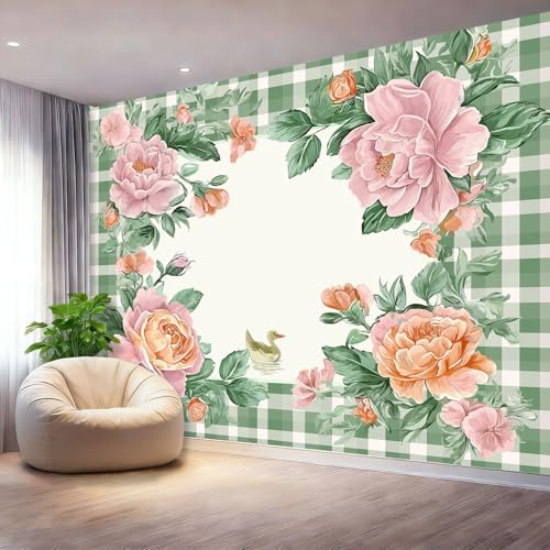 Papier Peint Panoramique 3D intissé 200 x 140 cm Rose Clair Vert Motifs À Carreaux Rétro Mignons, Papier Peint pour Salon Chambre restaurant Chambre d’enfants et bébé Décoration Murale