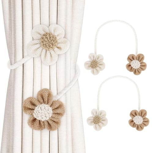 SycloPak 2 Embrasses de Rideau en Forme de Fleurs - Lot de 2 Attaches Rideaux Bohème en Tissu Beige, Décoration Fenêtre pour Salon, Chambre, Bureau ou Hôtel