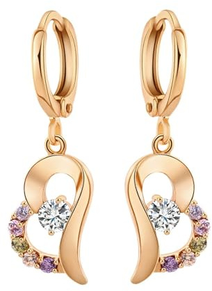 Örhängen hängande hjärta, zirkonia örhängen guld klassiskt damsmycke brosk öronpiercing, 32x10mm, Koppar, Kubisk zirkonia