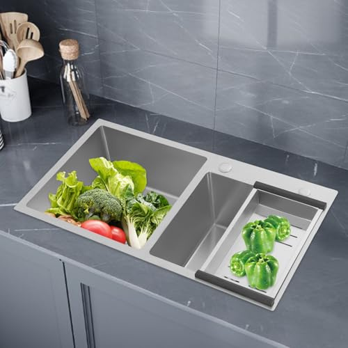 Double Bowl Undermount Kitchen Sink, 78 X 43 X 21cm Stainless Steel Sink with Drain Pipe & Strainer Basket, Drop in Topmount Sinks for Garages, Restaurants, Laundry Rooms, Silver