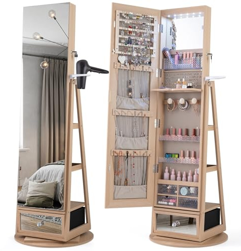 COSTWAY Smyckesskåp, helkroppsspegel, roterbar 360° (56 x 164 cm, natur) | Spegelskåp smyckeshylla låsbar med LED-lampor, hårtorkshållare och lådor, smyckesorganisatör