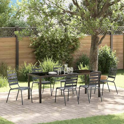 Ziaphsol Garten Essgruppe 7-teilig anthrazit pulverbeschichteter Stahl langlebiges Outdoor Möbel Set für Terrasse Balkon Garten Lounge Esszimmer mit 6 Stühlen und Tisch für Familien- und Gästeabende