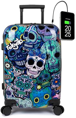 Kinderkoffer Handgepäck 55x35x20 USB Blue Skulls Mexikanische Totenköpfe | Für Fans von mexikanische Totenköpfe und Cartoons; Kinderkoffer mit USB-Anschluss, 4 Doppelrollen und robustem Polycarbonat