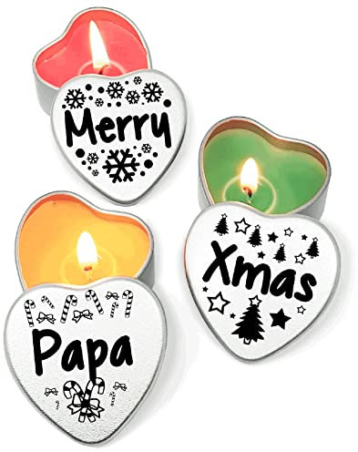 Gift In Can Merry Christmas Papa Set of 3 Silver Mini Heart Tins Tealight Style Candles. Ideal Secret Santa Gift and Christmas Dinner Place Settings. (Papa)
