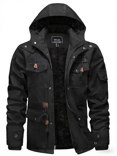 KEFITEVD Huvtröjor för män i varm fleece, jacka med 5 fickor, tjock cargojacka med huva, Svart, XL