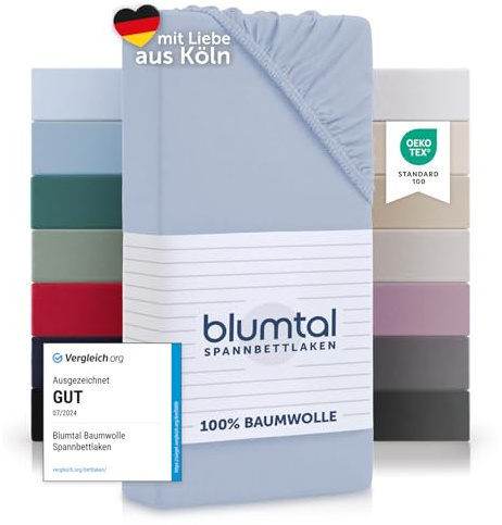 Blumtal Bomullslakan 180x200 cm - 100% Bomull, Midjelakan Jersey, upp till 25 cm madrasshöjd, Ljusblå
