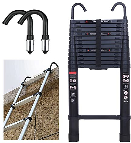 Scala telescopica in alluminio da 5 m, con gancio antiscivolo per soffitta e gancio telescopico per tetto, portata massima: 150 kg, EN 131, peso leggero, 16,3 kg, colore: nero