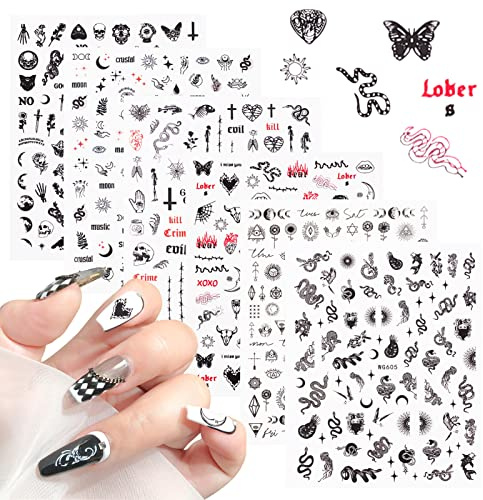 NICENEEDED 6 hoja de Pegatinas para Decoración de Uñas de Estilo Punk Negro, Calcomanías de Diseño Gótico de Calavera de Serpiente Suministros de Uñas, Decoraciones de Arte de Uñas con Patrón
